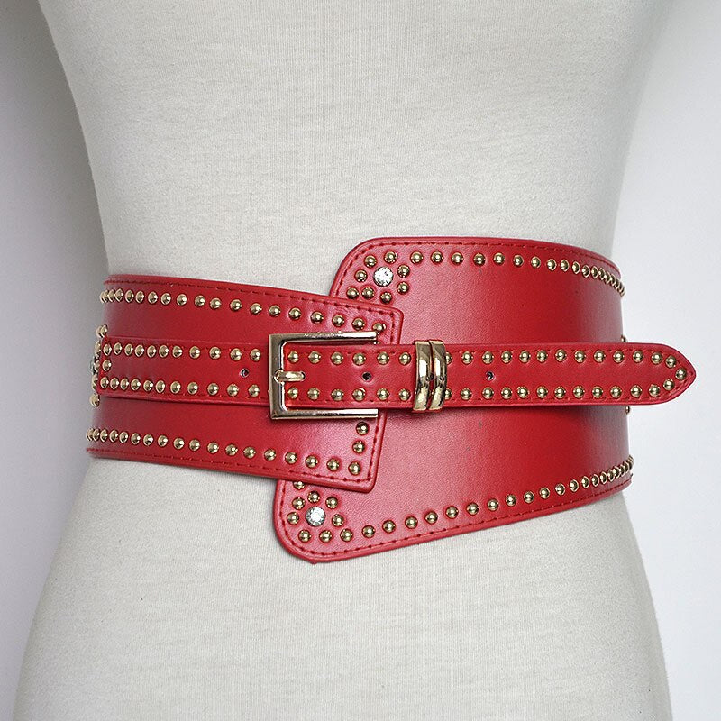 Pu Leather Black Rivet Asymmetrical Elastic Wide Belt Personality Women New Fashion All-match Autumn Winter