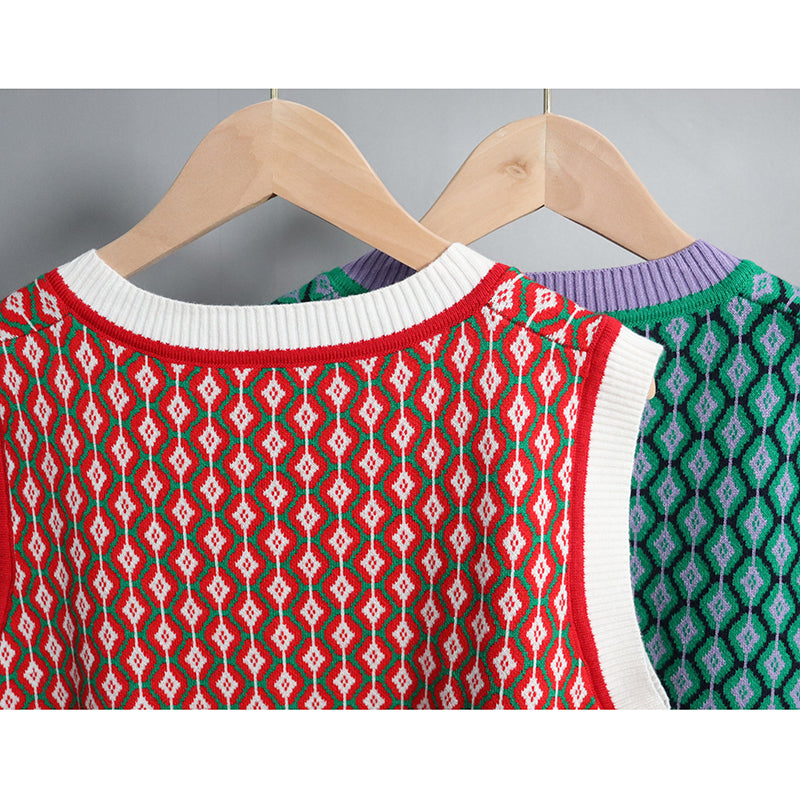 Chic Vintage Argyle Sweater Vest for Women 2021 Autumn Winter Pullover Vest Knitted Vest Sleeveless Jecket Gilet Femme