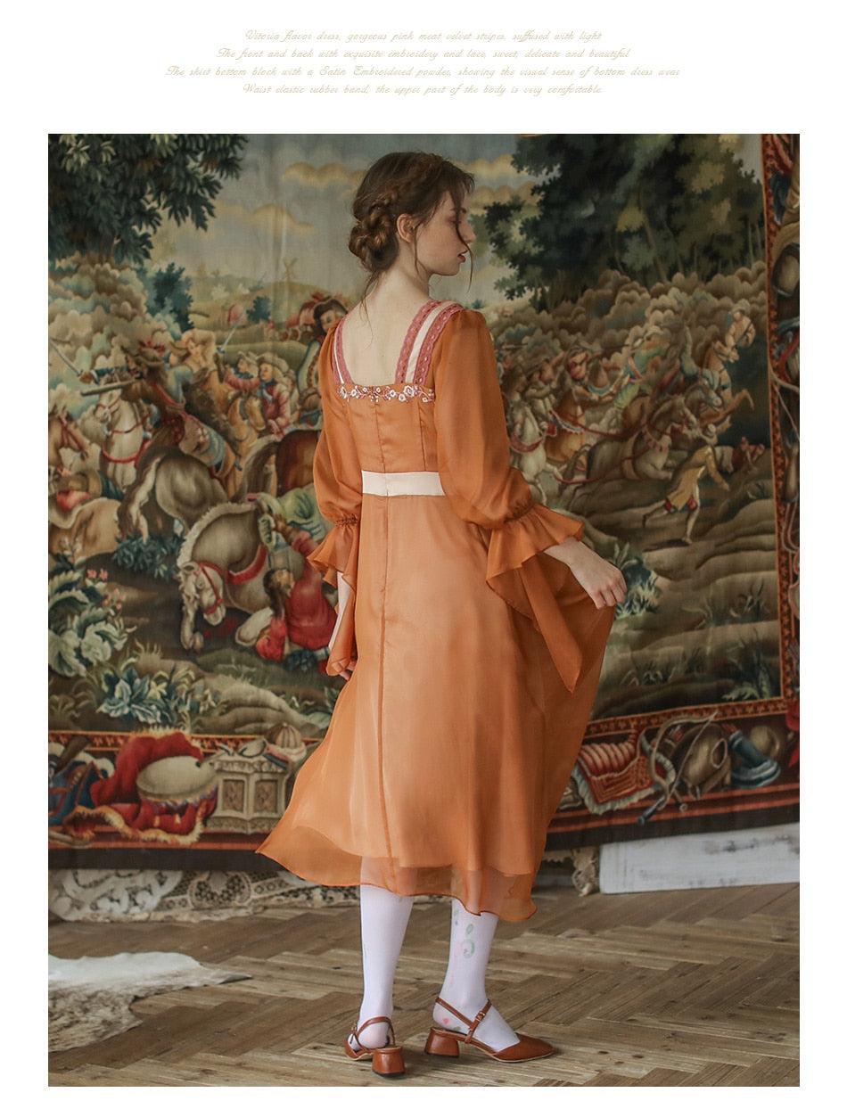 Lizakosht Spring Autumn Dress Women Vintage Elegant Slim Midi Dress Sweet Mori Girl Retro Embroidery Long Sleeve Lace Patchwork Long Dress