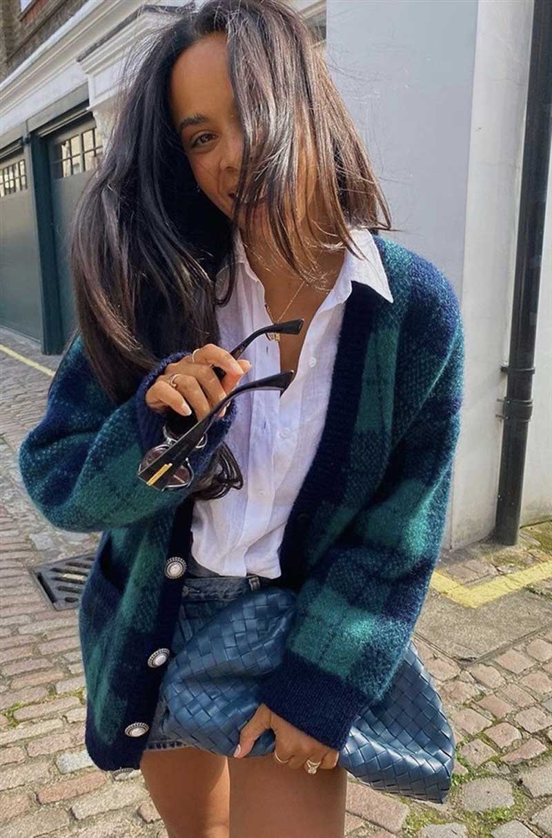 Lizakosht  green plaid  long cardigan women warm V-Neck Long Sleeve sweater women autumn winter women tops new sweater