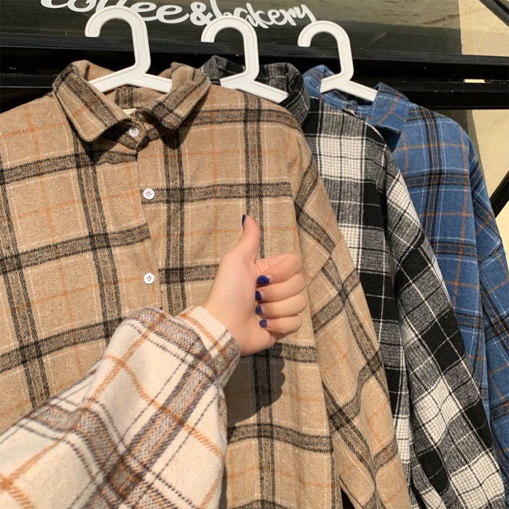 Women Vintage Warm Shirt Jacket Autumn Winter Plaid Long Shirt Jacekt Casual Loose Buttons Pockets Turn down Shirt Coat