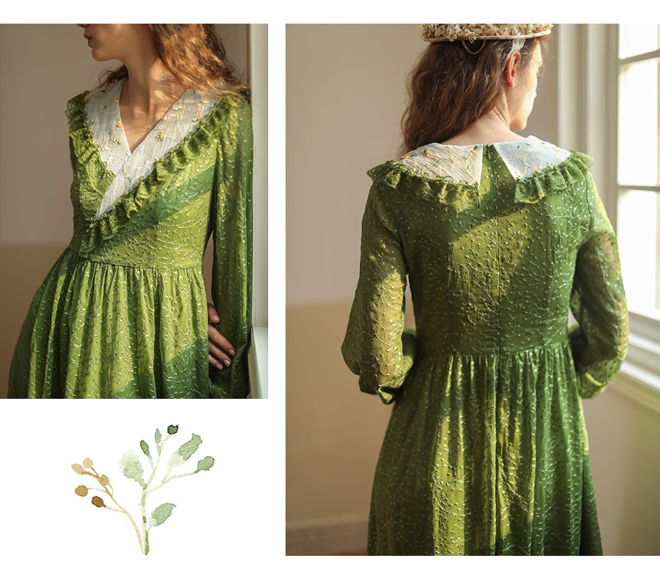 Lizakosht Green Dress SpringSummer Women Vintage Elegant Slim Long Sleeve Embroidery Lace V-Neck Cotton Long Dress ropa mujer talla grande