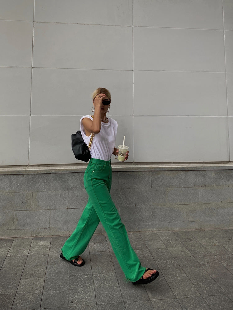 Candy Color High Waist Straight Wide Legs Pants Thin Jeans Women's Green Pants Denim Trousers Fashion Korean Women M8A