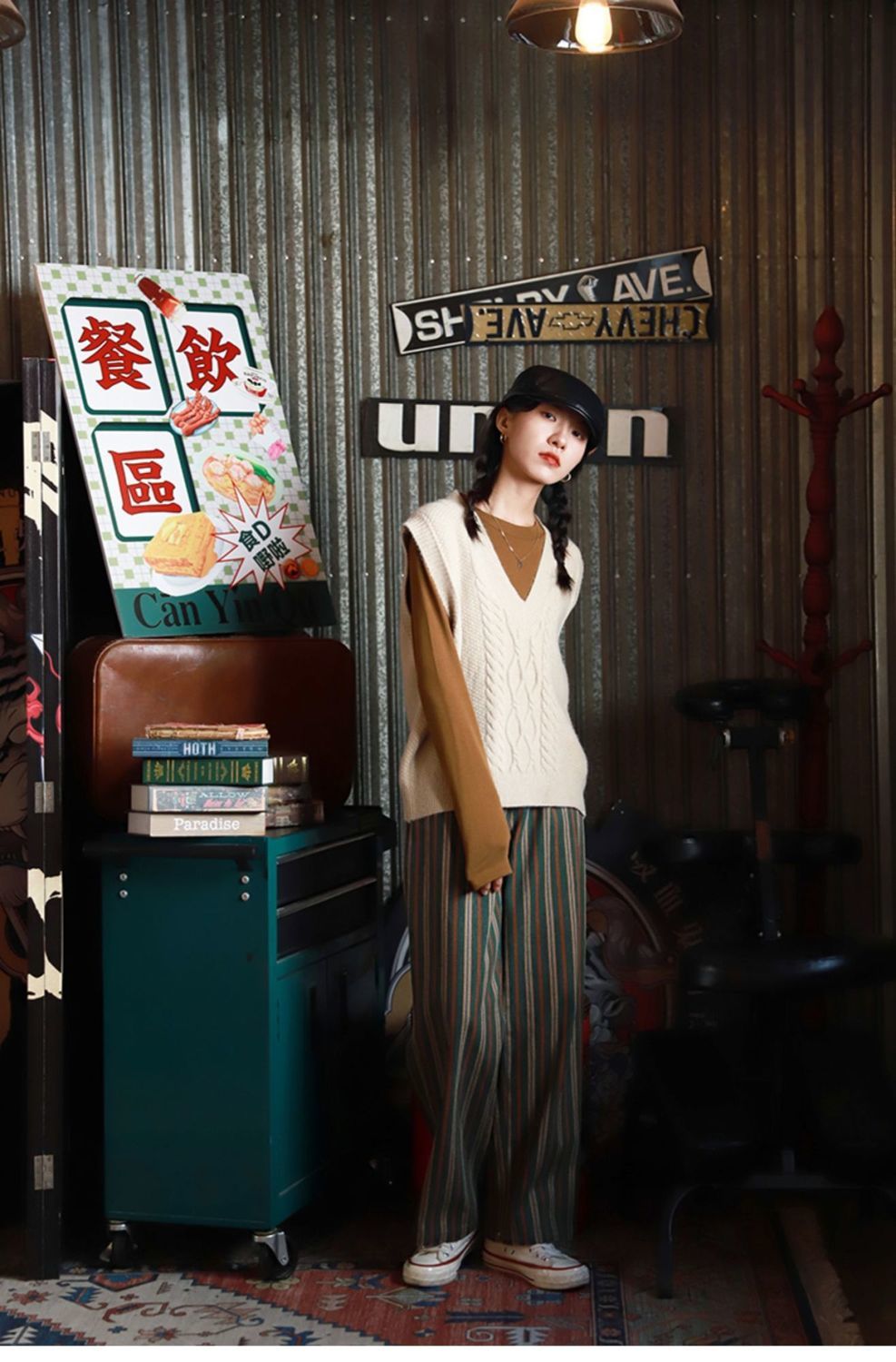 LIZAKOSHT  -  Vintage Retro Green Striped Print Wide Leg Pants Women Korean Style Oversize High Elastic Brown Trousers for Female 2022