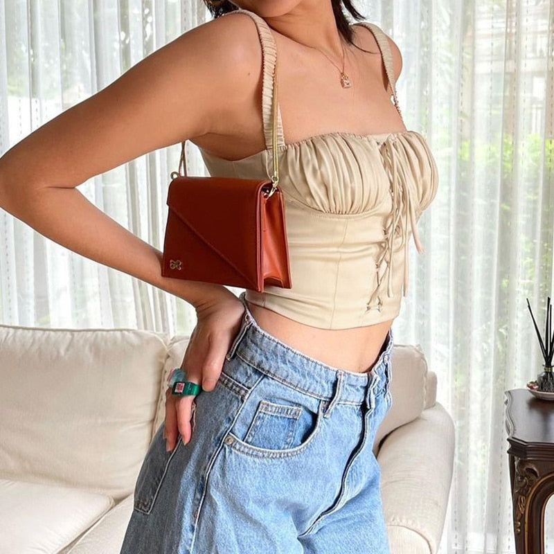 Lizakosht  Ruched Lace Up Backless Camisole Tops For Women Elastic Sleeveless Front Cross Summer Slim Sexy Girl Cropped Top 2021