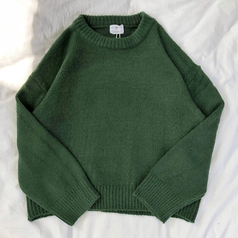New Women Vintage Dark Green Sweater Fall Winter Round Neck Fluffy Pullover Tops Woman Korean Loose Long Sleeves Jumpers
