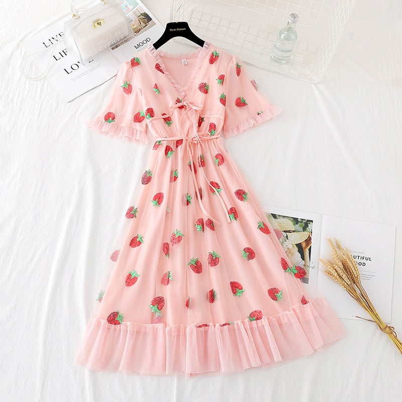 Sweet Elegant Strawberry Dress Women Summer 2022 Pink Beach Boho Party Midi Dress Ruffle Kawaii Korean Casual Vacation Clothing