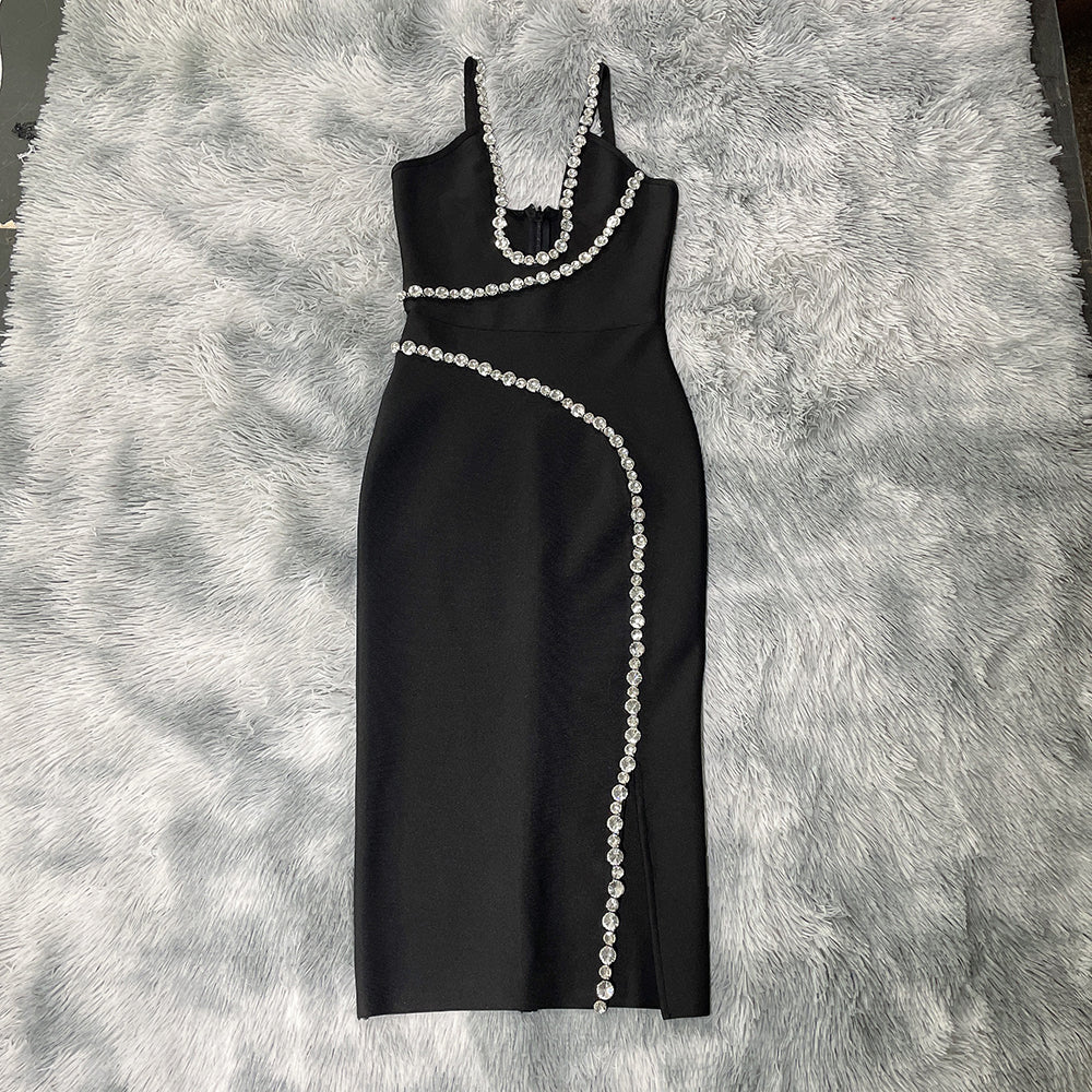 Lizakosht  2022 Ladies Spaghetti Straps V-neck Sexy Tight Bandage Dress Crystal Diamond Design Celebrity Runway Party Club Dress