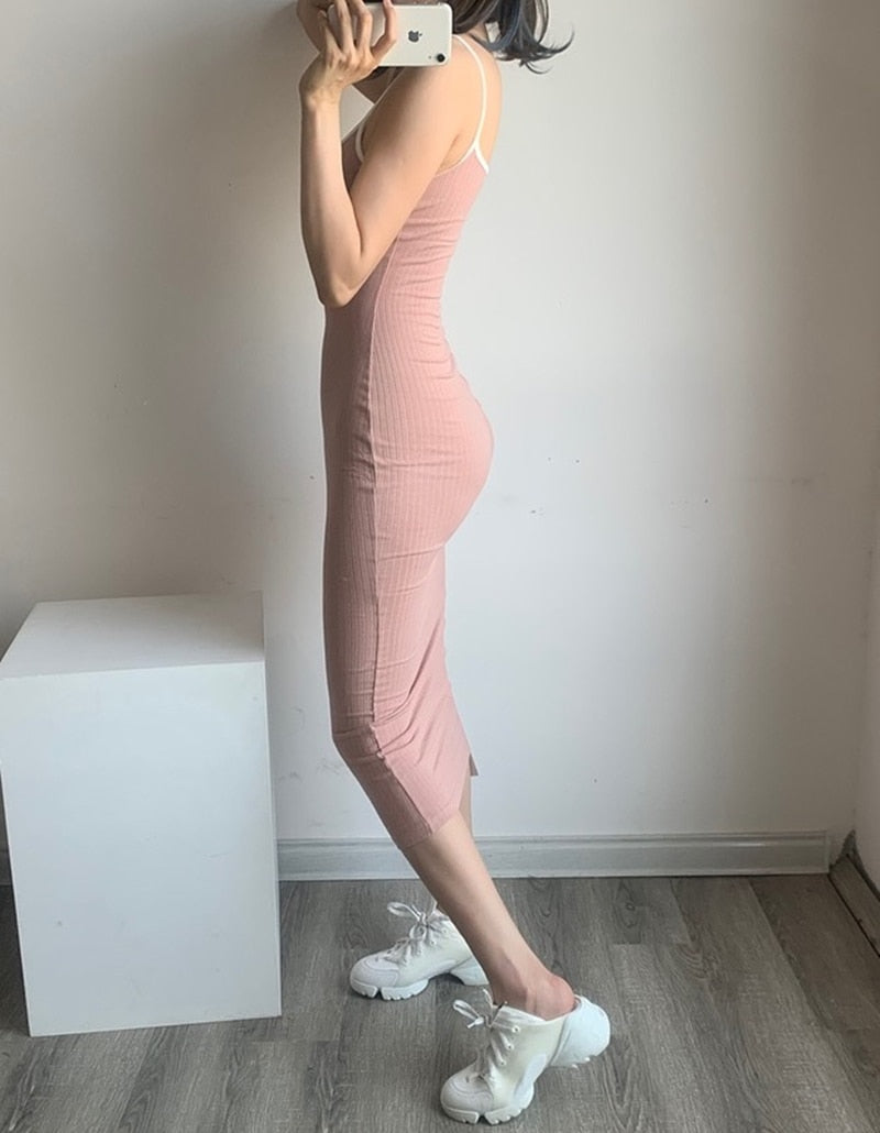 Summer New Sexy Sling Dress Hit Color Edging Solid Color Stretch Bag Hip Pencil Dress Fashion Ins