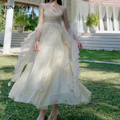 Summer Women Maxi Long Sundress Suspenders Solid Ruffls Fairy Vestidos Long Elegant Feminine Holiday Beach Romantic Dress