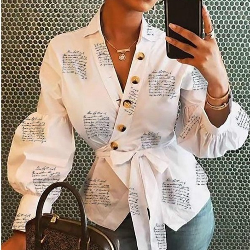 Blouse V Neck Lantern Long Sleeve with Sashes Button Print Shirt for Women Spring Summer Bluas Female Tops Elegant Office Casual