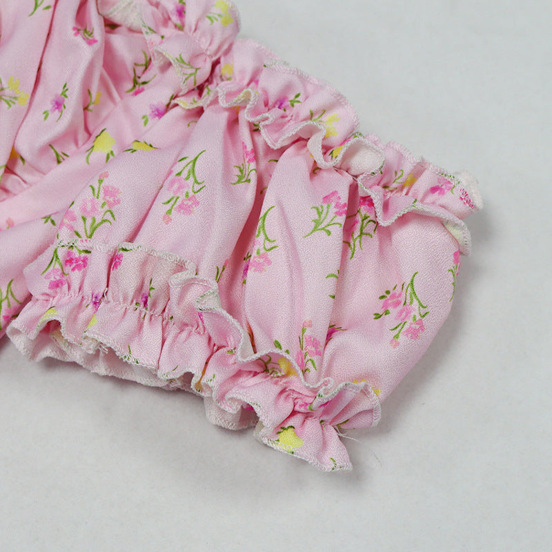 Strapless Side Split Corset Dress Beach Dress Summer Pink Floral Long Dress Women Sexy Off Shoulder Ruffles Party Dresses