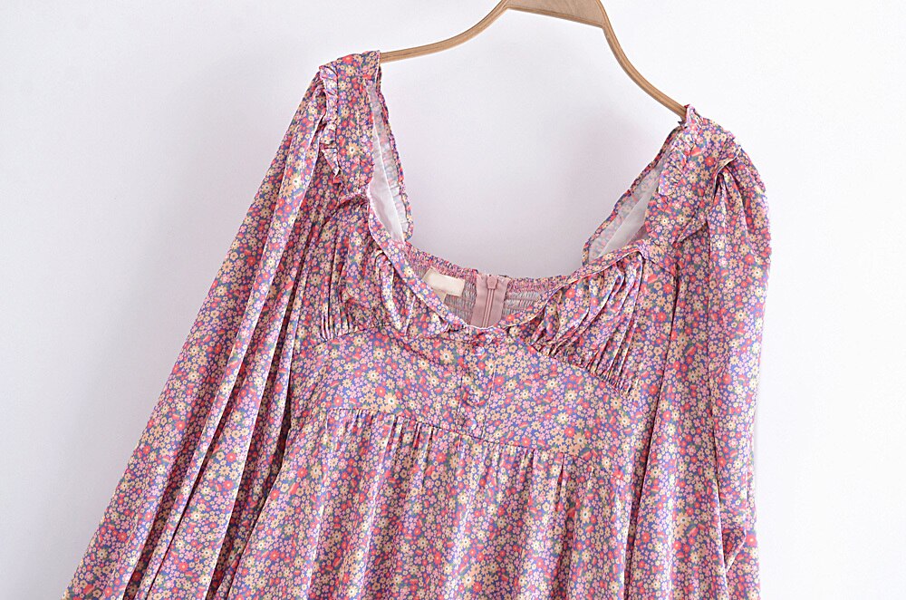 Lizakosht Spring Women Vintage Floral Print Mini Dress Sweet Ruffle Sexy Collar Puff Sleeve Dress Ladies Prairie Chic Vestido