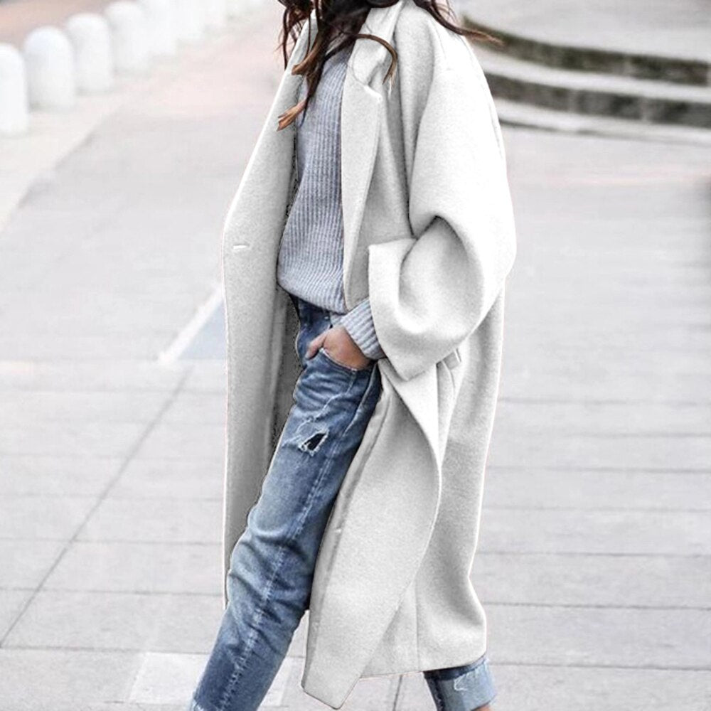 Woolen Coat Women Turndown Collar Casual Long Solid Color Buttons Warm Woolen Jacket Fashion Ladies Overcoat 2022 Street Shot