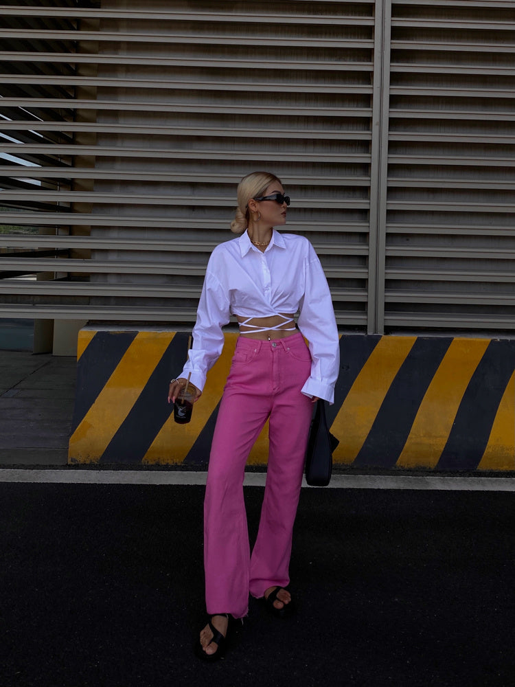 Candy Color High Waist Straight Wide Legs Pants Thin Jeans Women's Green Pants Denim Trousers Fashion Korean Women M8A