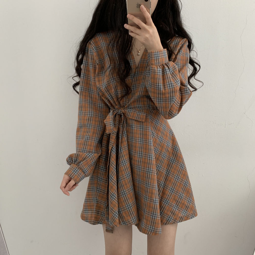 New Autumn Long Sleeve Dress Women Preppy Style Bow Palid V-neck Mini Plaid Dresses Korean High Waist Short Dress Elegant