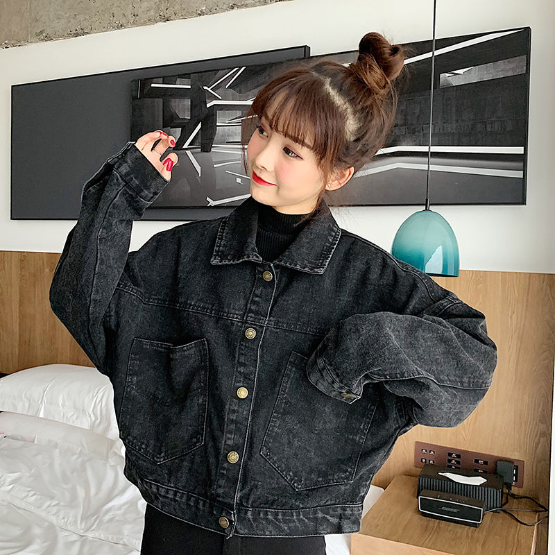Black Denim Short Jackets Women Loose Single Breasted Button Pockets Korean Style Chic Retro Harajuku Casual Streetwear Womens