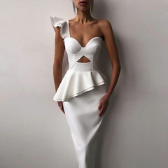 Lizakosht Fall New Fashion and Elegant One-shoulder Ruffled V-neck Midi Dress Sexy Hollow Exposed Back Split Fashion Bodycon Dress