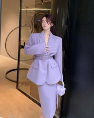 Quality Office Ladies' Suits With Skirt Two-Piece Setup Autumn Women Purple With Belt Blazer Chic High-Waist Split Skirt Outfit
