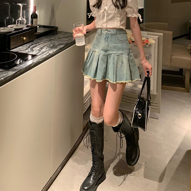 HOUZHOU Vintage Denim Mini Skirt Women Distressed Fringe Sweet High Waist Temperament A-line Pleated Skirt Summer Japanese Style