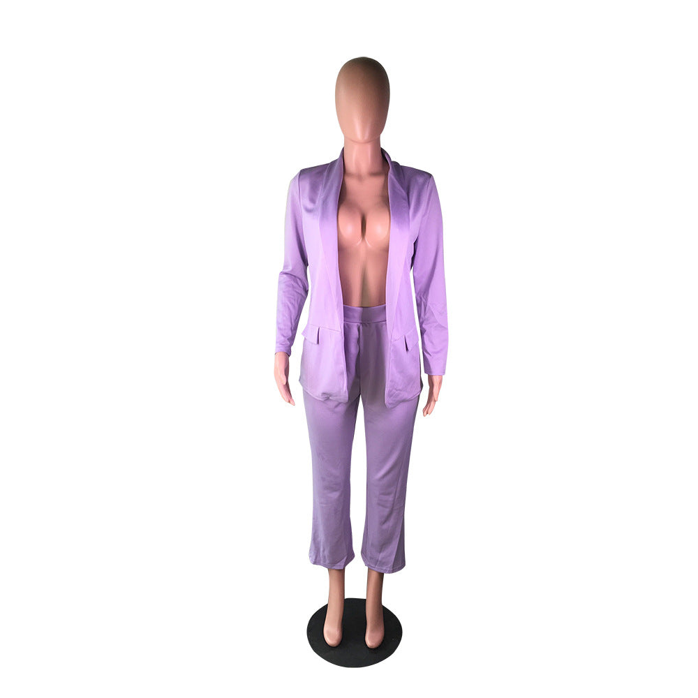 Classic Office Blazer Suit Two Piece Set 2021 Women Casual Commute Cropped Pants Suits Solid Color Mid Length Blazer with Pocket