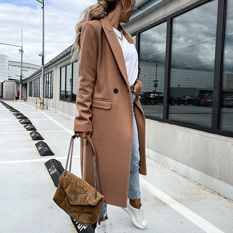 New Fashion Elegant Women Long Overcoat Autumn Winter Turn-Down Collar Woolen Coat Tops Office Lady Casual Loose Outwear