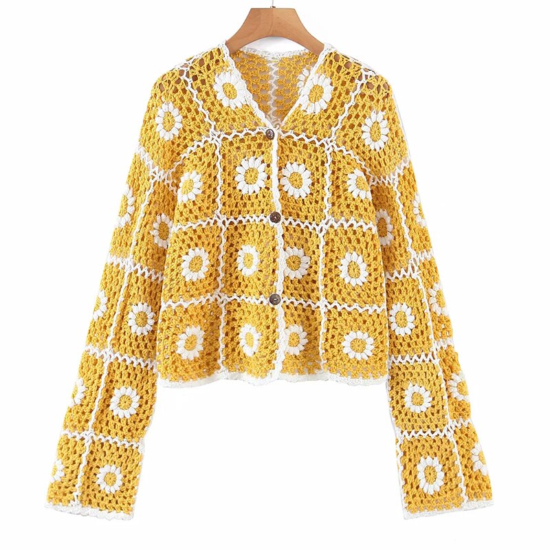 Foridol Sunflower Crochet Yellow Knitted Sweater Cardigans Women Spring Autumn Casual Hollow Out Short Cardigan Harajuku