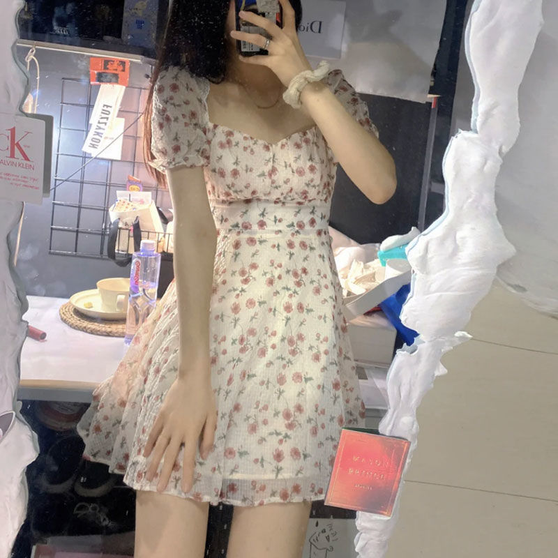 Summer Elegant Floral Dress Women Lace Up Designer Backless Sexy Mini Dress French Retro High Waist Chic Party Sweet Dress