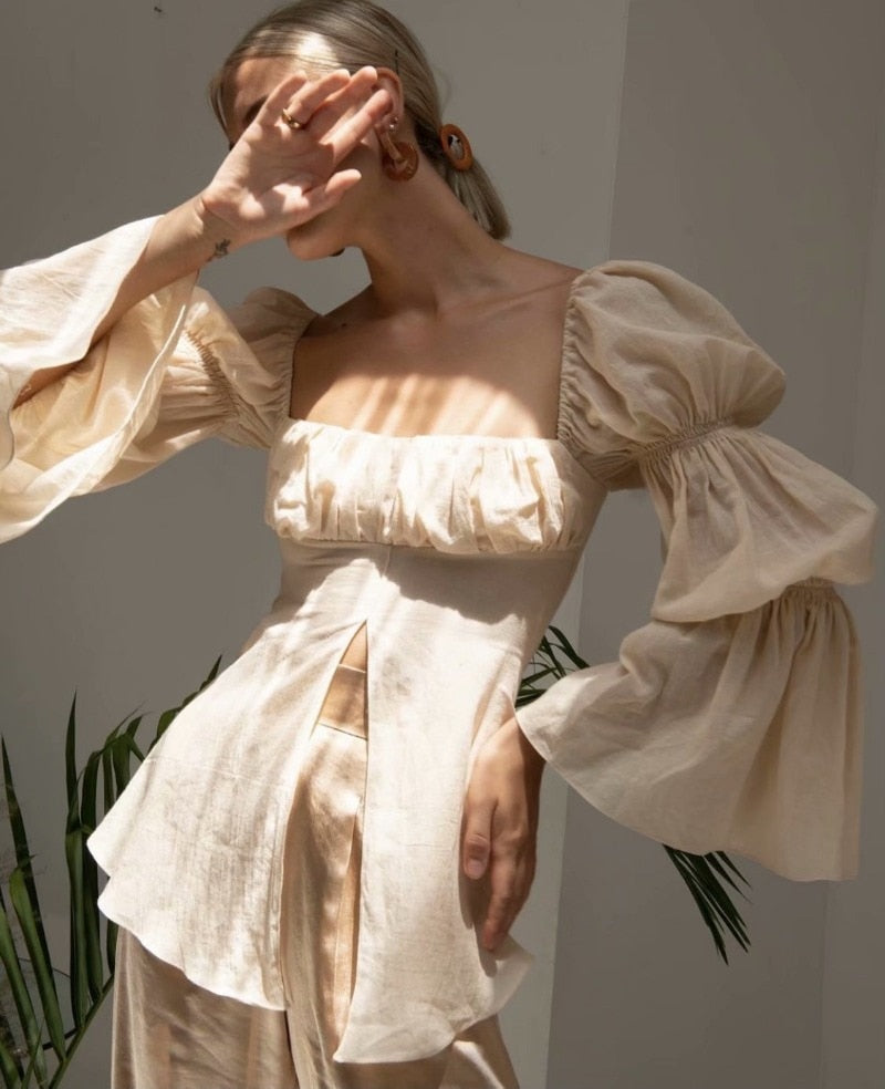 Lizakosht Trumpet sleeve elegant fashion design shirt women summer hedging long sleeve square collar slim blouse