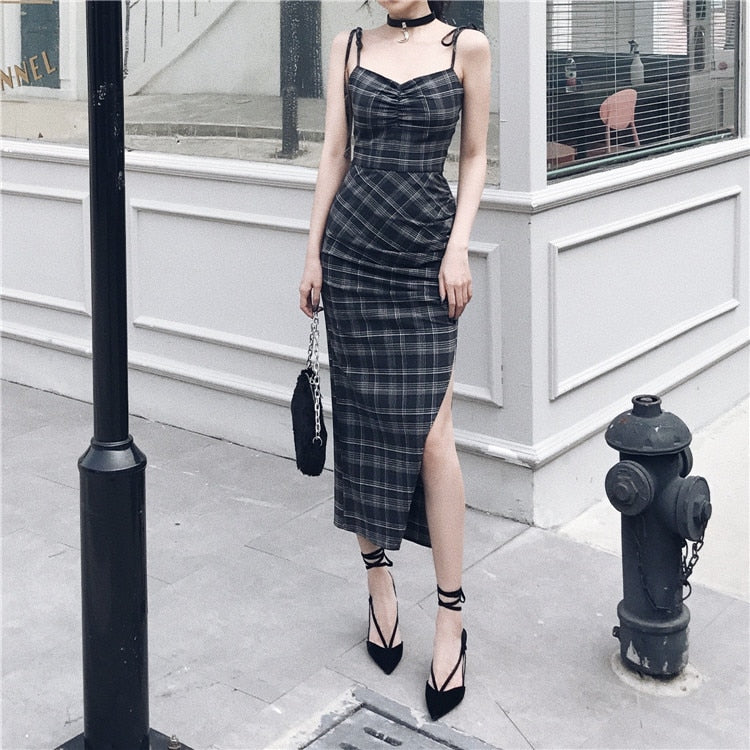 Lizakosht Punk Gothic Women Black Plaid Sexy Deep V-neck Dress Summer Elegant Fashion Dark Halter High Waist Split Dresses