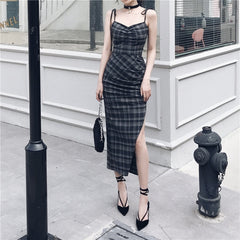 Lizakosht Punk Gothic Women Black Plaid Sexy Deep V-neck Dress Summer Elegant Fashion Dark Halter High Waist Split Dresses