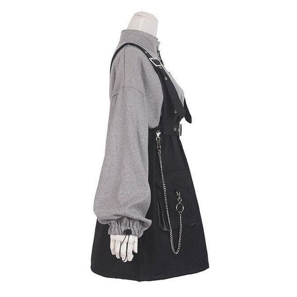 Retro Vintage Women Gothic Girls Punk Mini Dress High Waist Long Sleeve Hat Collar Sexy Gry Black Lolita Plus Size Jurken