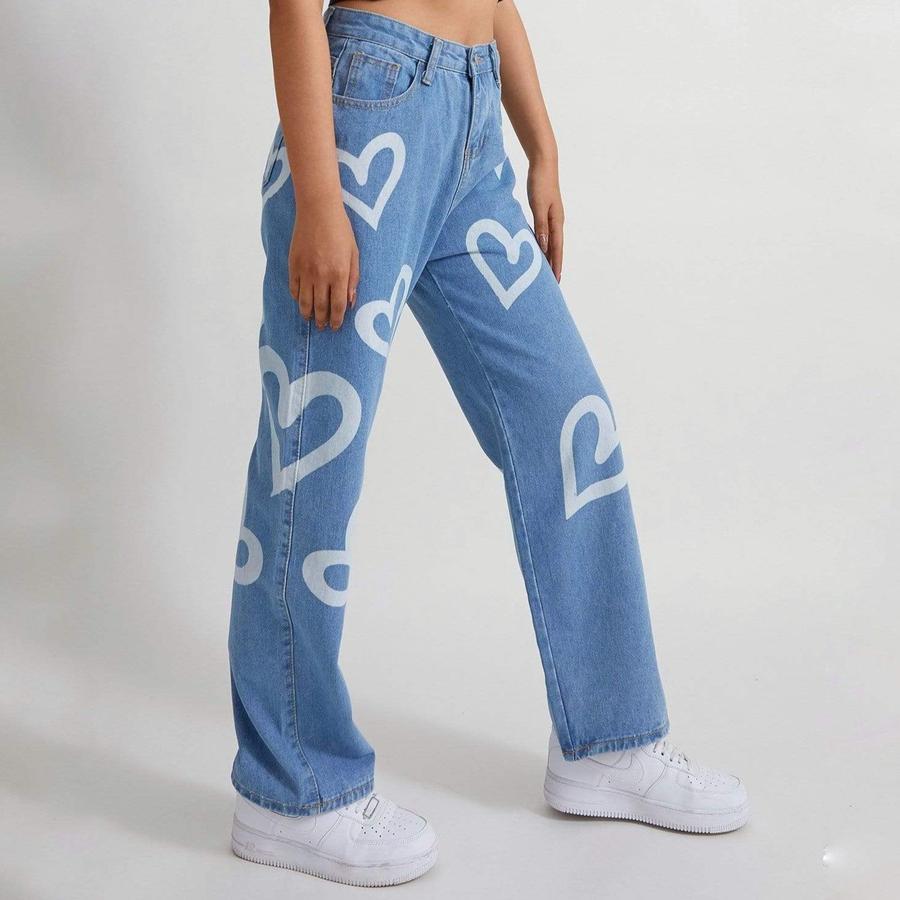 Lizakosht Fall/Winter New Woman's Heart Printed Graffiti Jeans High Waist Loose Denim Wide Leg Pants Street Hipster Trousers S-2XL