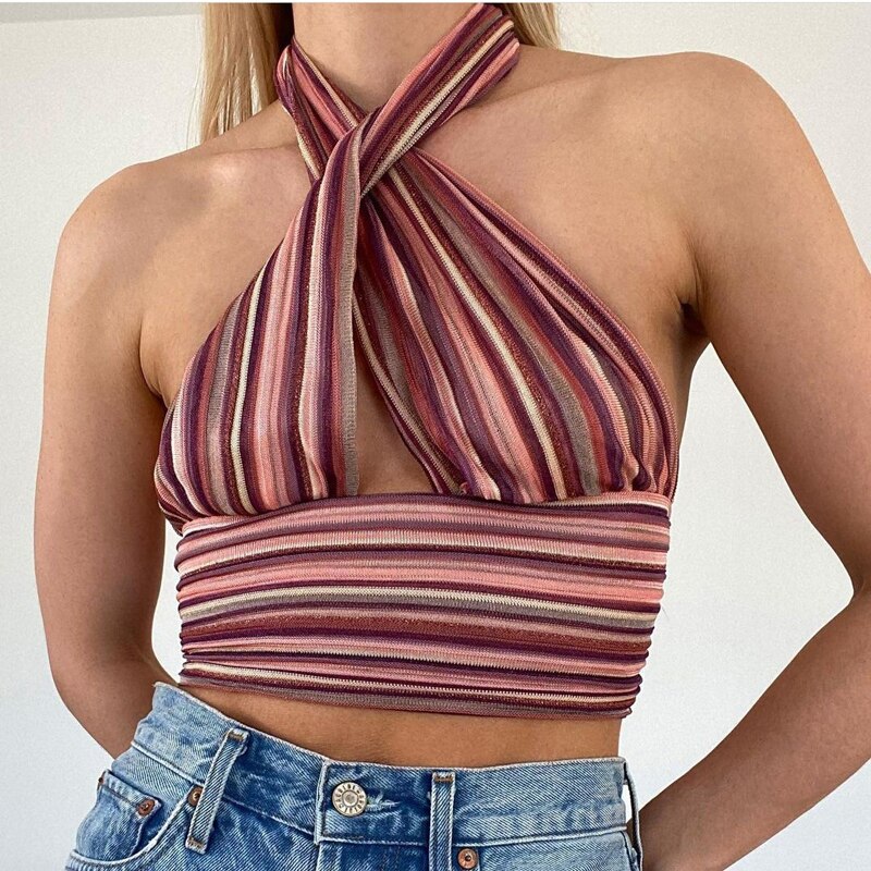 Lizakosht Summer Sexy Cross Halter Tops For Women Holiday Party Bandage Backless Y2K Crop Top Fashion Female Beach Sleeveless Vest