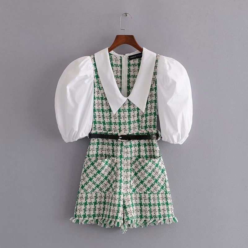Elegant women tweed rompers 2022 fashion ladies green plaid rompers streetwear female sweet pocket playsuit girls chic romper