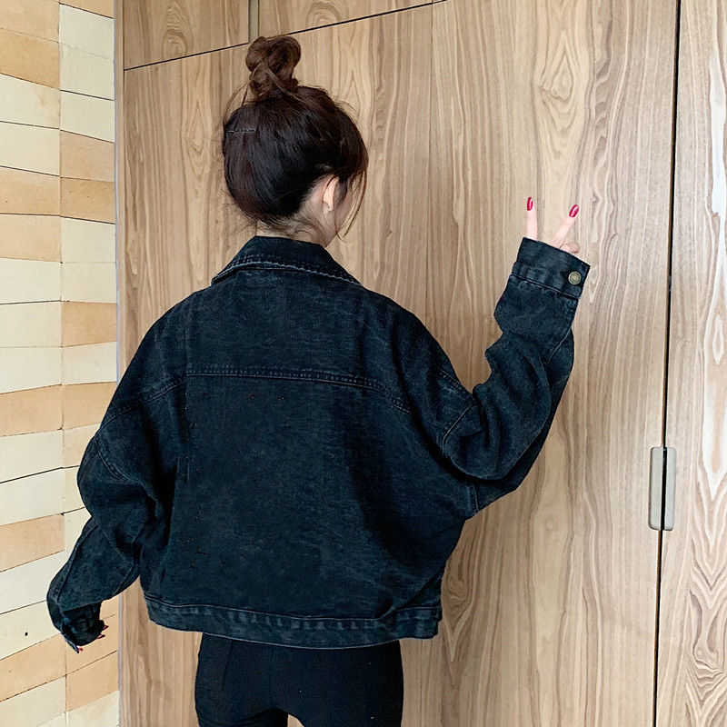 Black Denim Short Jackets Women Loose Single Breasted Button Pockets Korean Style Chic Retro Harajuku Casual Streetwear Womens