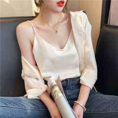 Korean Silk Women Tops Camis Woman Satin Tank Top Fashion Lady V-Neck Camis Women Sleeveless White Tops Sexy Halter Top XXXL