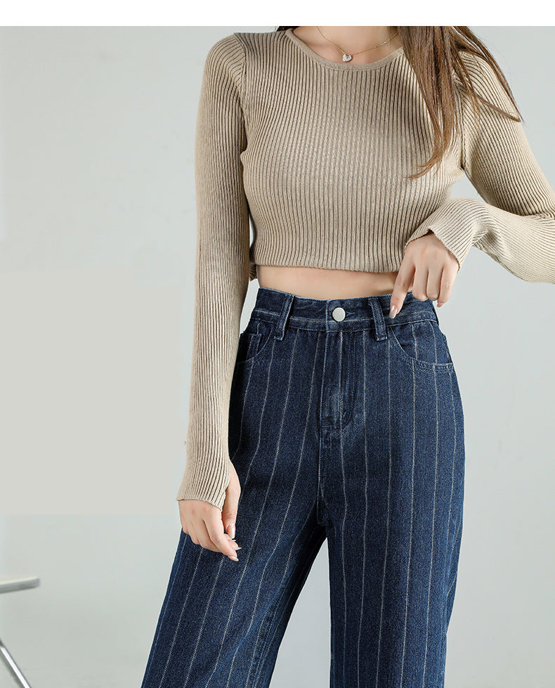Stripe Jeans Straight Pants Loose High Waist Plus Size Women Casual  Fashion Retro Cowboy Wide Leg Trousers 2022 New