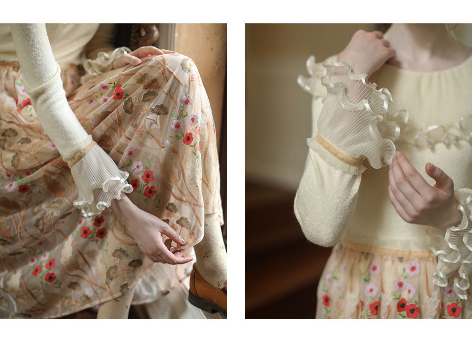 Lizakosht Dresses Fall Spring Women Embroidery Floral Lace Dress Vintage Elegant Slim Knitted Wool Patchwork Korean Fashion Long Dress