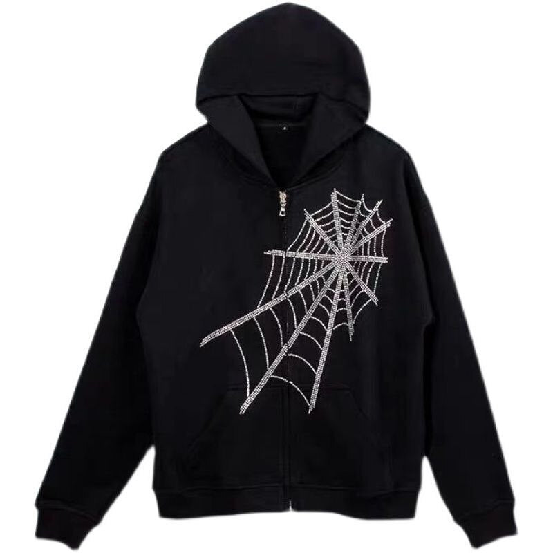 Oversized Hoodie 2021 Thin Hooded Cardigan Sweater Spider Web Hot Diamond Zipper Hoodie  Mens and Womens Diamond Jacket
