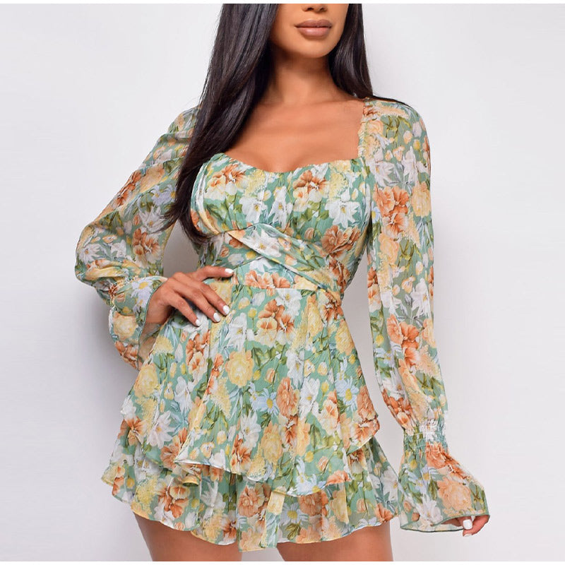 Lizakosht  Women's Chiffon Long Sleeves Jumpsuit Lace Up Ruffle Floral Print Romper Female Playsuit 2022 Ladies Sexy Square Collar Jumpsuit