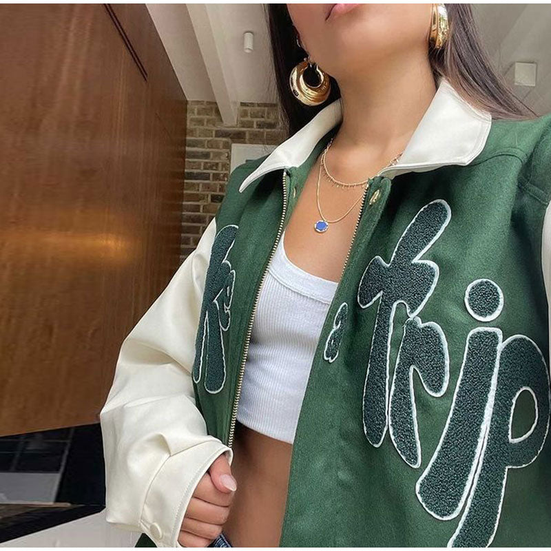 Autumn ‘TAKE A TRIP’ Bomber Jacket Women Grass Green Contrast Sleeve Bomber Jacket with Letter Applique Baseball Jacket