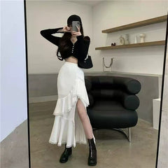 Casual High Waist Irregular Skirt Women White Korean Designer Ruffles Split Skirt Slim Office Lady Streetwear Chic Party Clothes
