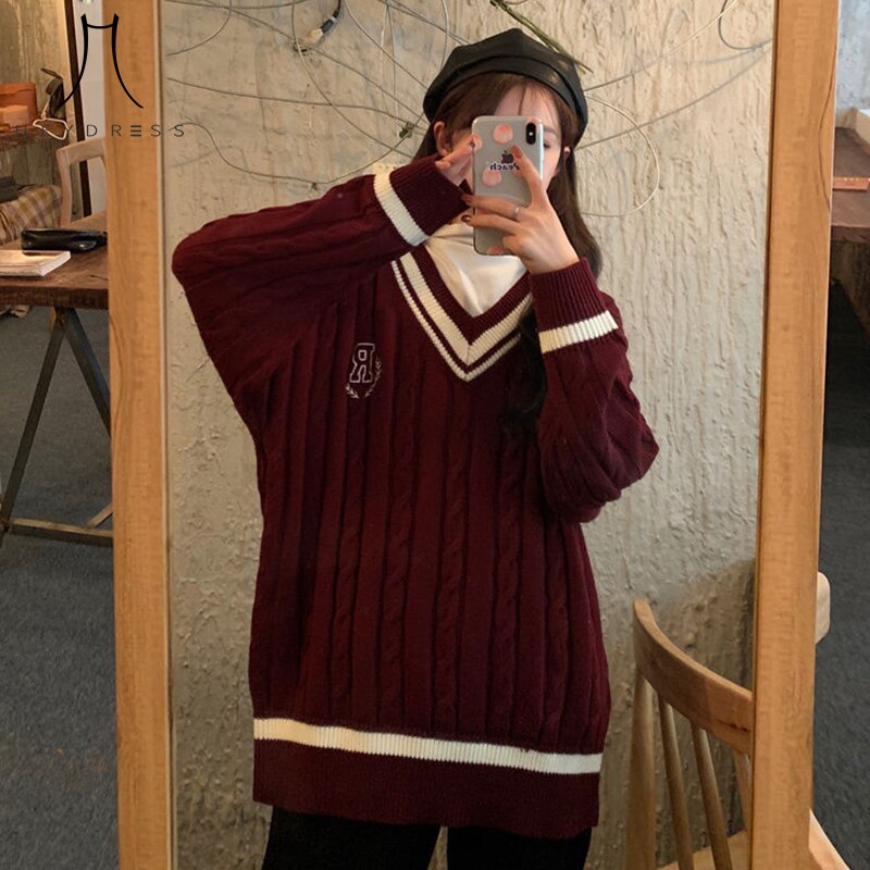 Bella 2022 Women Harajuku V-neck Japanese Sweater Female Preppy Style Long Sleeve Knitted Pullovers Autumn Warm loose Jumpers