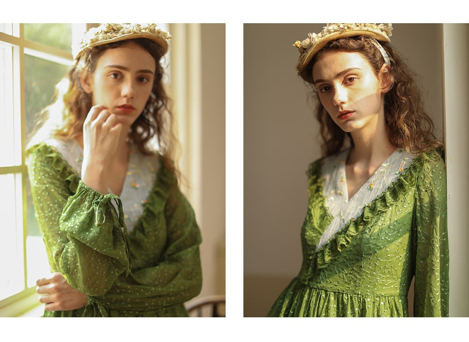 Lizakosht Green Dress SpringSummer Women Vintage Elegant Slim Long Sleeve Embroidery Lace V-Neck Cotton Long Dress ropa mujer talla grande