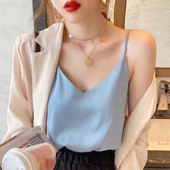 Korean Silk Women Tops Camis Woman Satin Tank Top Fashion Lady V-Neck Camis Women Sleeveless White Tops Sexy Halter Top XXXL