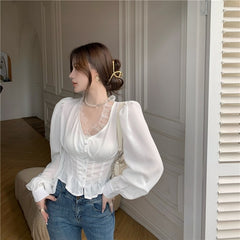 Summer Slim Elegant Chiffon Blouse Women Lace Korean Fashion Chic Casual Sexy Shirt V-neck White French Office Lady Blouse 2022