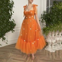 Fashion Orange Party Dresses Sweetheart Sleeveless Little Flowers Butterfly Tulle A Line Ankle Length Prom Dress