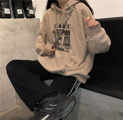Hoodies Women Printed Thickening Hooded Plus Velvet BF Unisex Couples Pullover Sweatshirt Streetwear Hip-Hop All-match Oversize