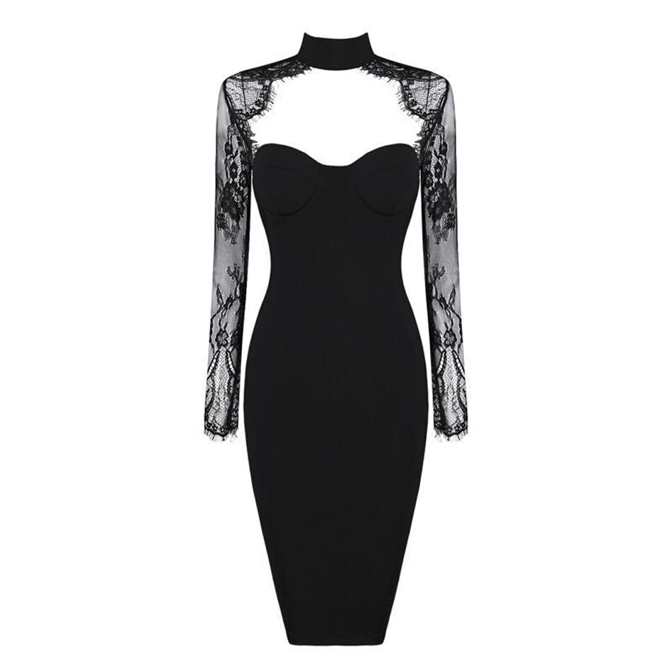 Lizakosht New Women's Bandage Dress Sexy V-Neck Lace Openwork Long-Sleeved Split Tight Dress Vestidos Sexy Embroidered Lace Bodycon Dress